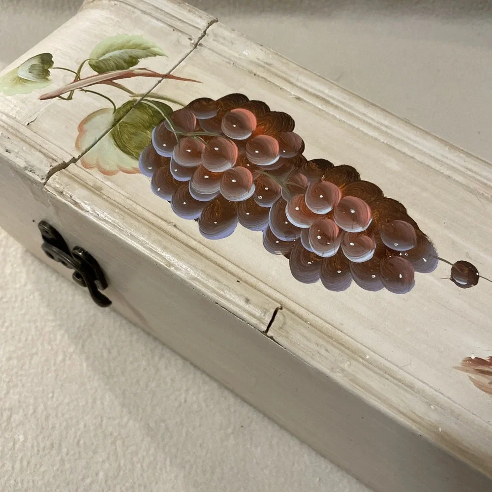 Vintage Hand Painted Wooden Wine Box Single Bottle Carrier Grapes Rustic Kitchen
